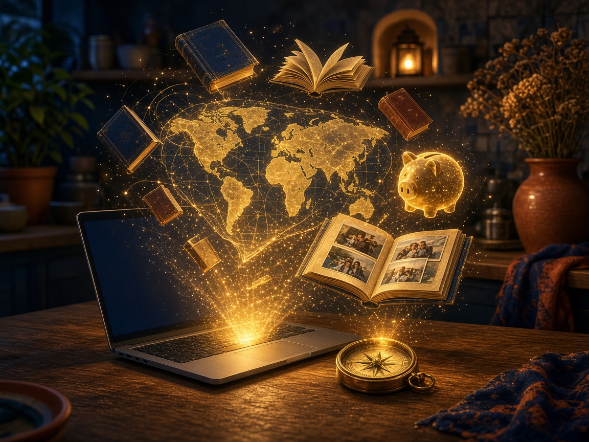 AI illustration of an open laptop unlocking knowledge and creativity