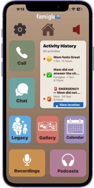 Famiglue senior and family app displayed inside a rounded iPhone mockup