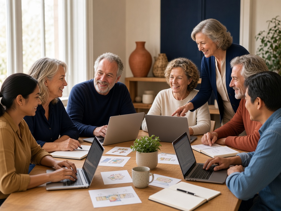 A welcoming mixed-age beginner class receiving patient, personal help with their laptops